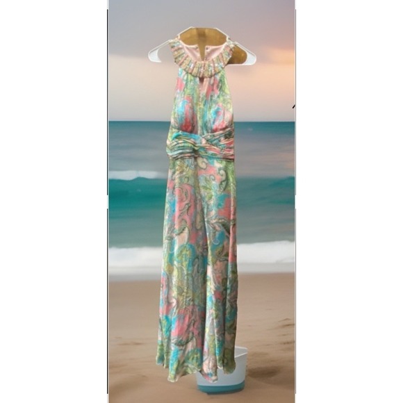 Cachet Dresses & Skirts - Cachet Women's Sz 6 Dress Pink & Green Blue Beaded Neckline Paisley Print